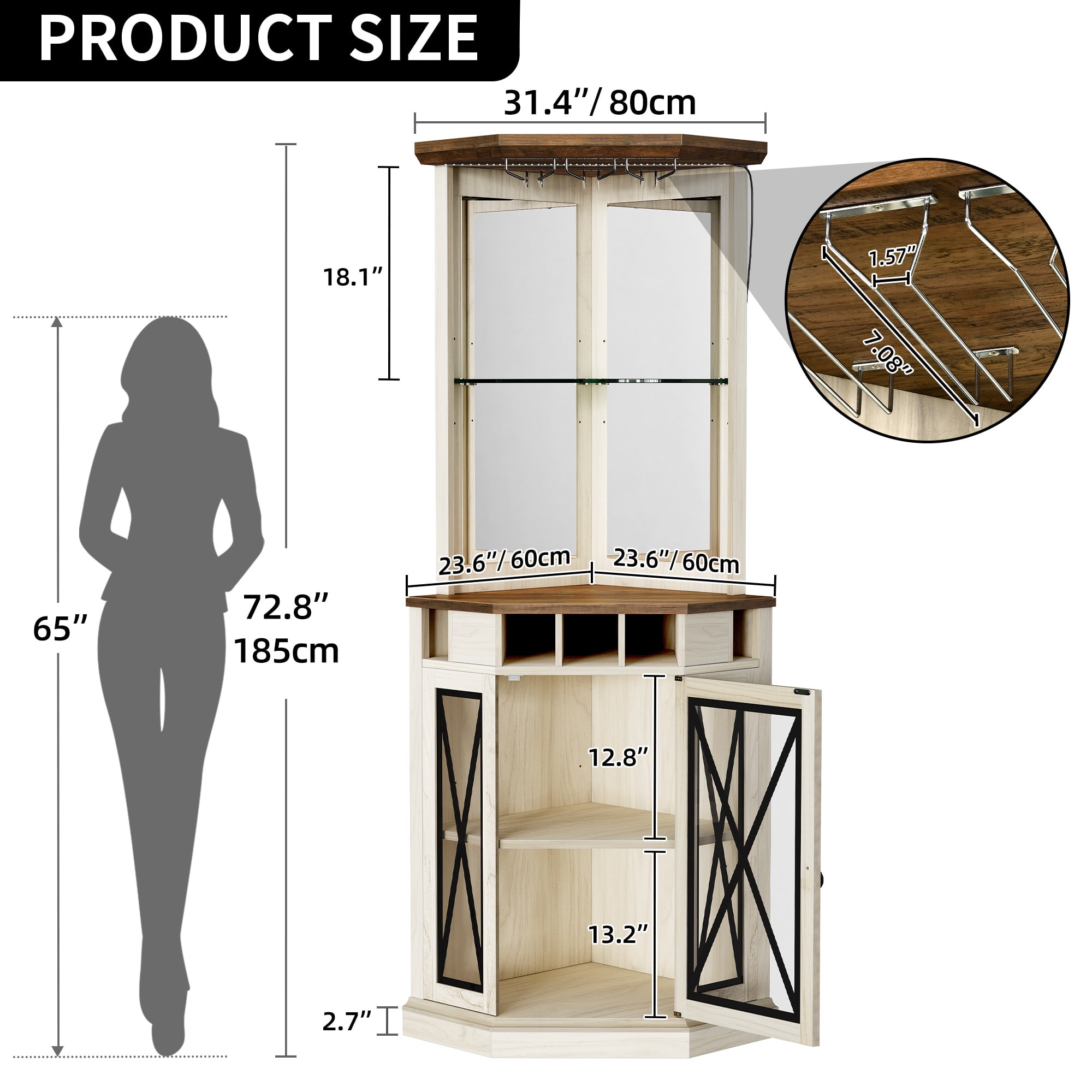 Dextrus Corner Storage Cabinet with Door & Led Light, 72" Tall Corner Bar Cabinet with Adjustable Shelves