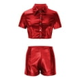 thumbnail image 6 of REORIAFEE Women's Bikini Sets Vacation Outfits Women's Leather Suit Buckle Waist Short Sleeve Faux Leather Set Red M, 6 of 8
