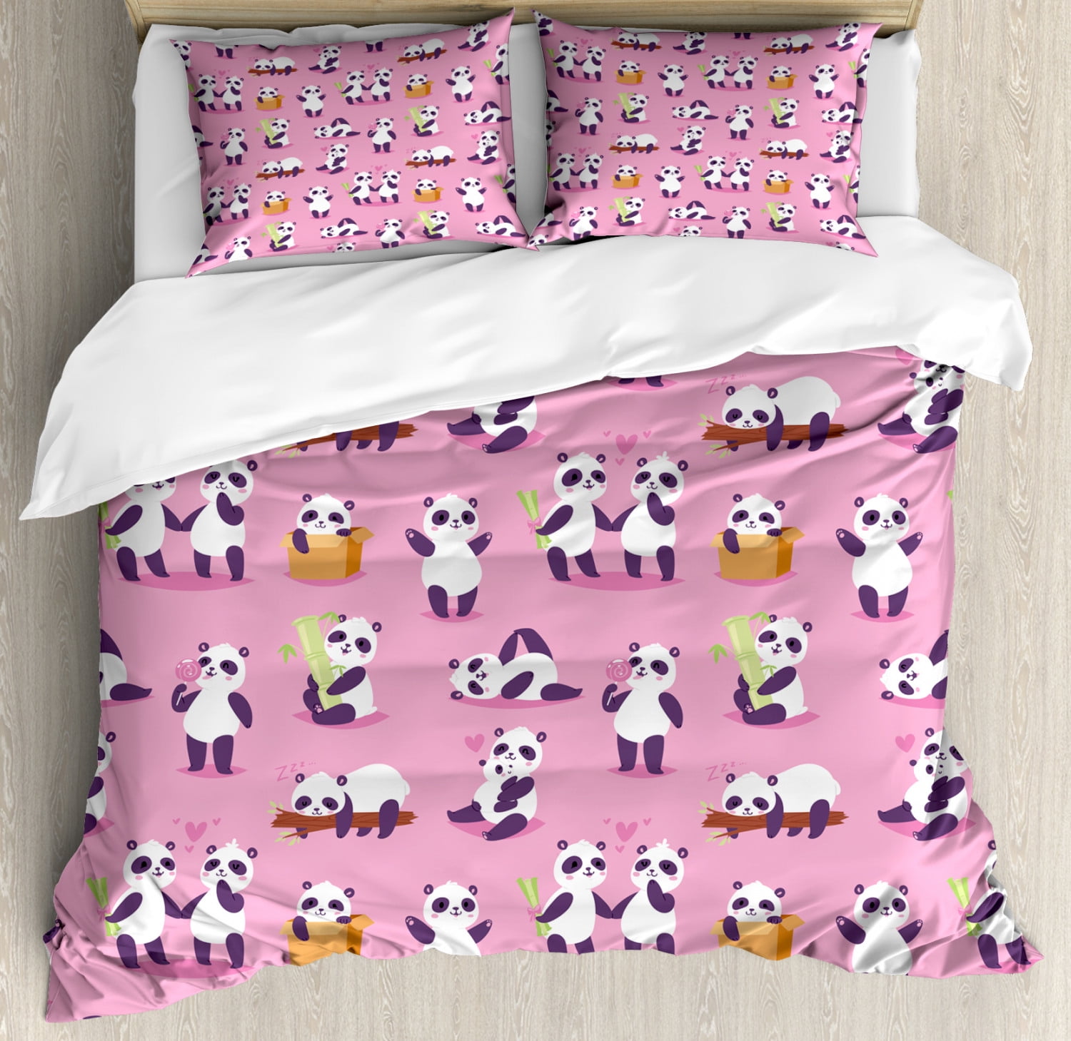 Animal Art Duvet Cover Set, Panda Bears Playing with Bamboo Sleeping