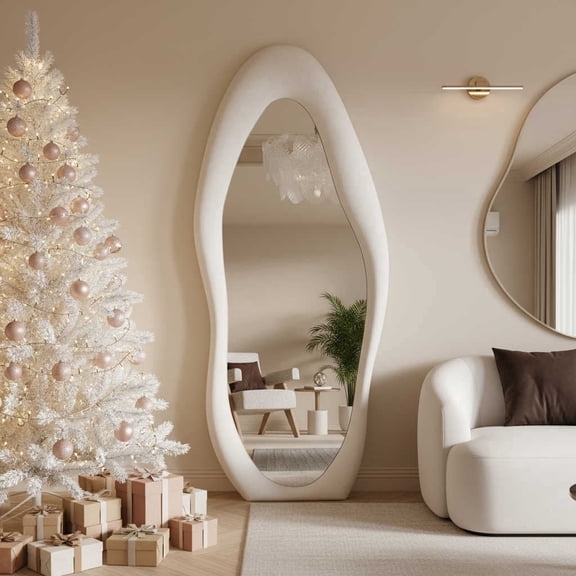 Super Store 63"x 24" Irregular Full Length Mirrors - Full Body Flannel Wrapped Wooden Mirror Leaning and Hanging for Bedroom Living Room,White