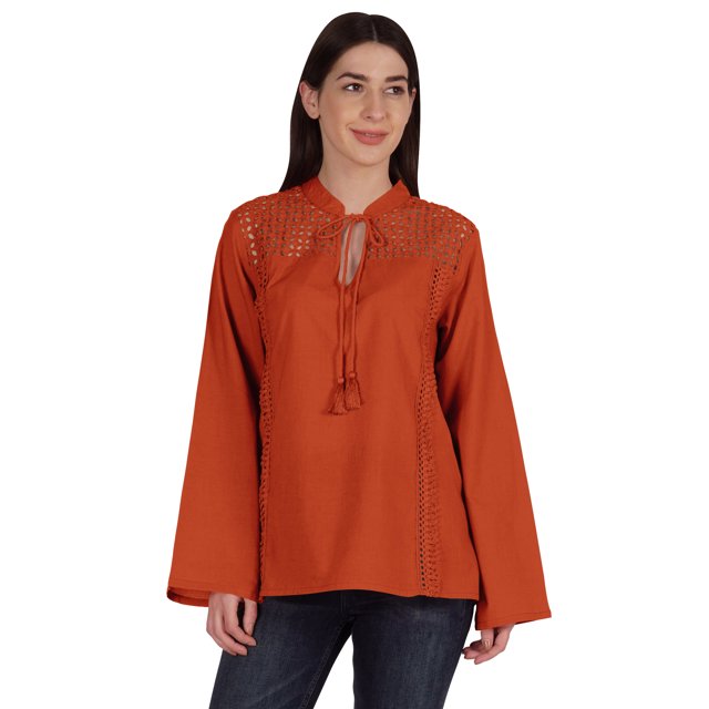 Moomaya Tunique Col Mandarin pour Femmes Manches Longues Été Coton Uni