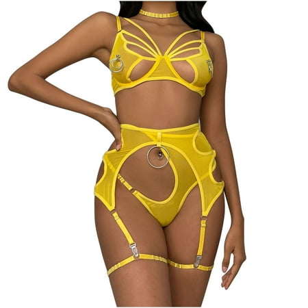 

COBKK Womens Lingerie Mesh Lingerie Sets Women s Mesh Three-point Lingerie Set With Large Circle Of Metal Accessories Womens Lingerie Funny Yellow Shapewear Floral Fancy Comfortable S