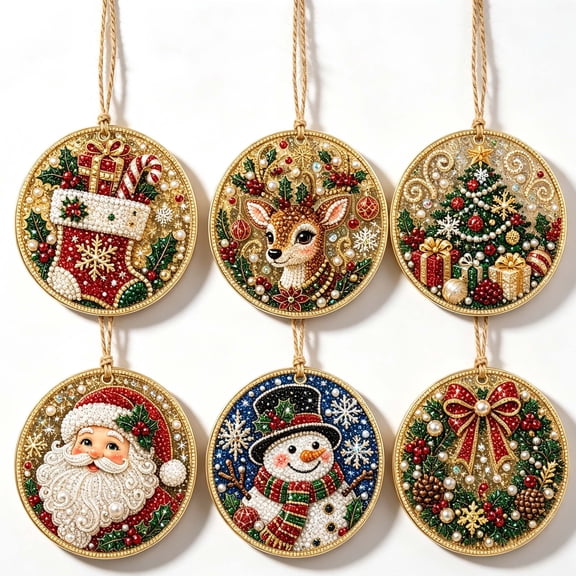 6PCS Christmas Pearl Art, Pearl Beaded Hanging Ornament, Hand‑crafted Xmas Decor for Wreath Home Party Indoor Decoration