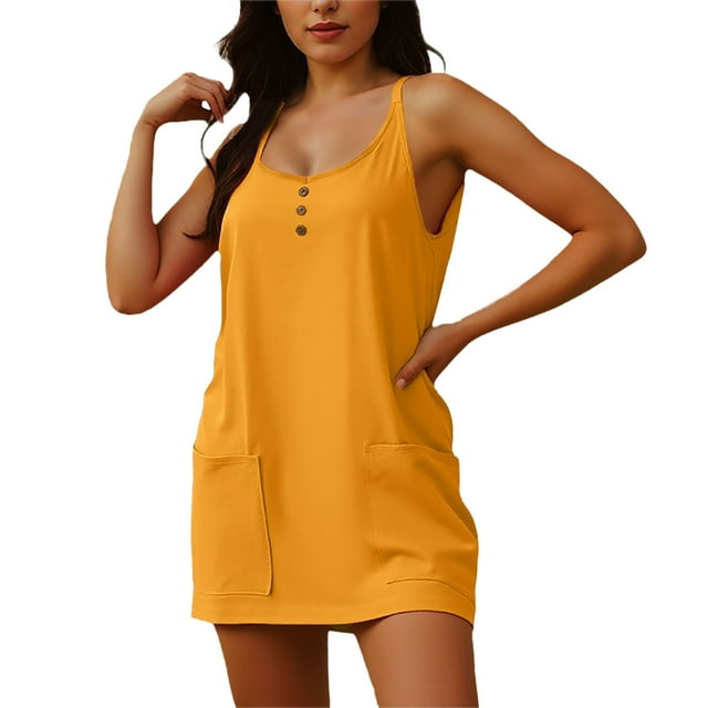 Mono liso de mujer, vestido informal sin mangas con tirantes, botones y bolsillos.