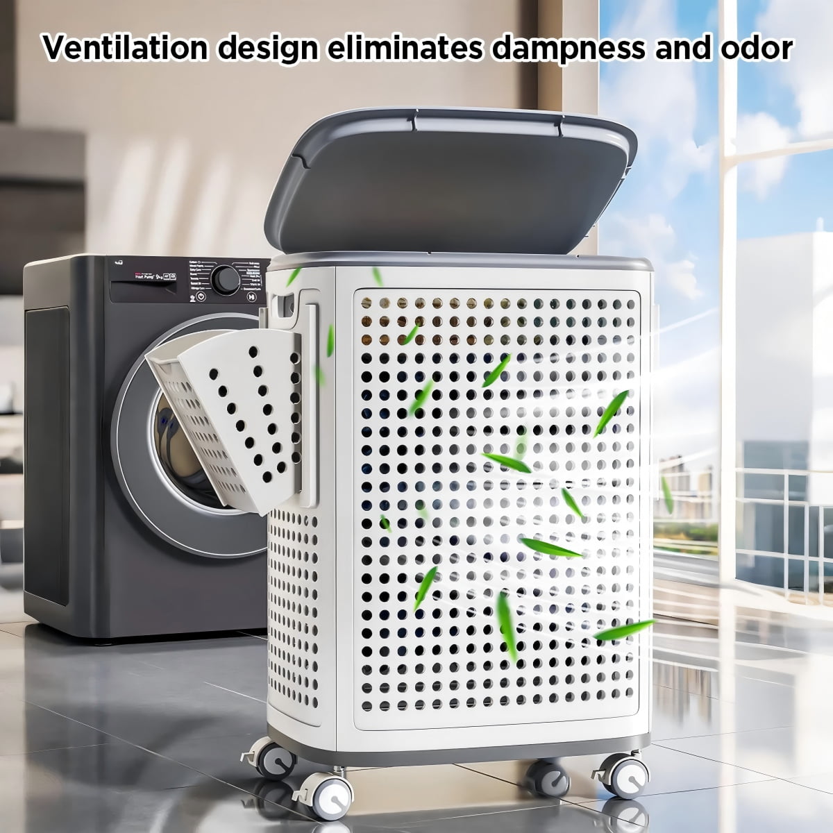 Joybos Wheeled Hamper, Plastic Laundry Hamper with Handle and Wheels for Easy Transport, White