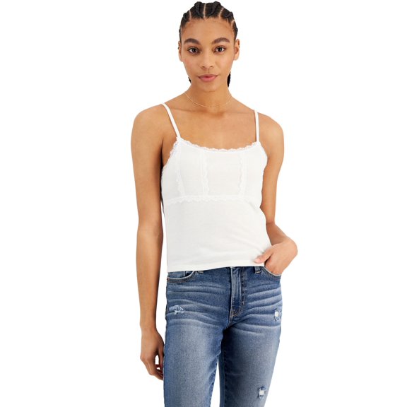 Hippie Rose Juniors' Lace-Trim Ribbed Camisole Top Winter White S