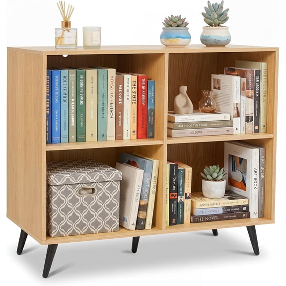BarefHaven 4-Cube Bookshelf, Wood Bookcase & 5 Metal Legs (Natural, 4-Cube) | Freestanding Storage Organizer with Anti-Toppling Devices & 4.7” Clearance for Home Office, Living Room
