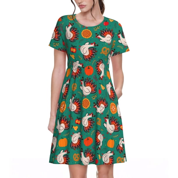 Disketp Cartoon Turkey para Vestido de Manga Corta para Mujeres, Vestidos de Verano para Mujeres, Casual y Holgado para la Playa
