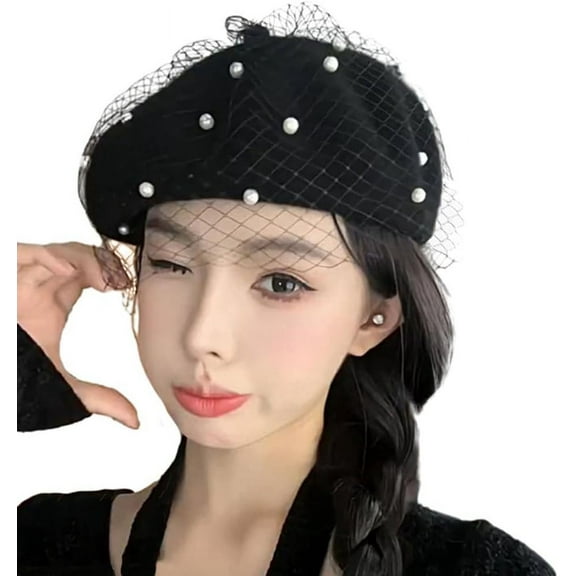 Berets Hat with Pearl French Beret Hats for Women Beret with Mesh Solid Color Hat for Winter Gift for Women