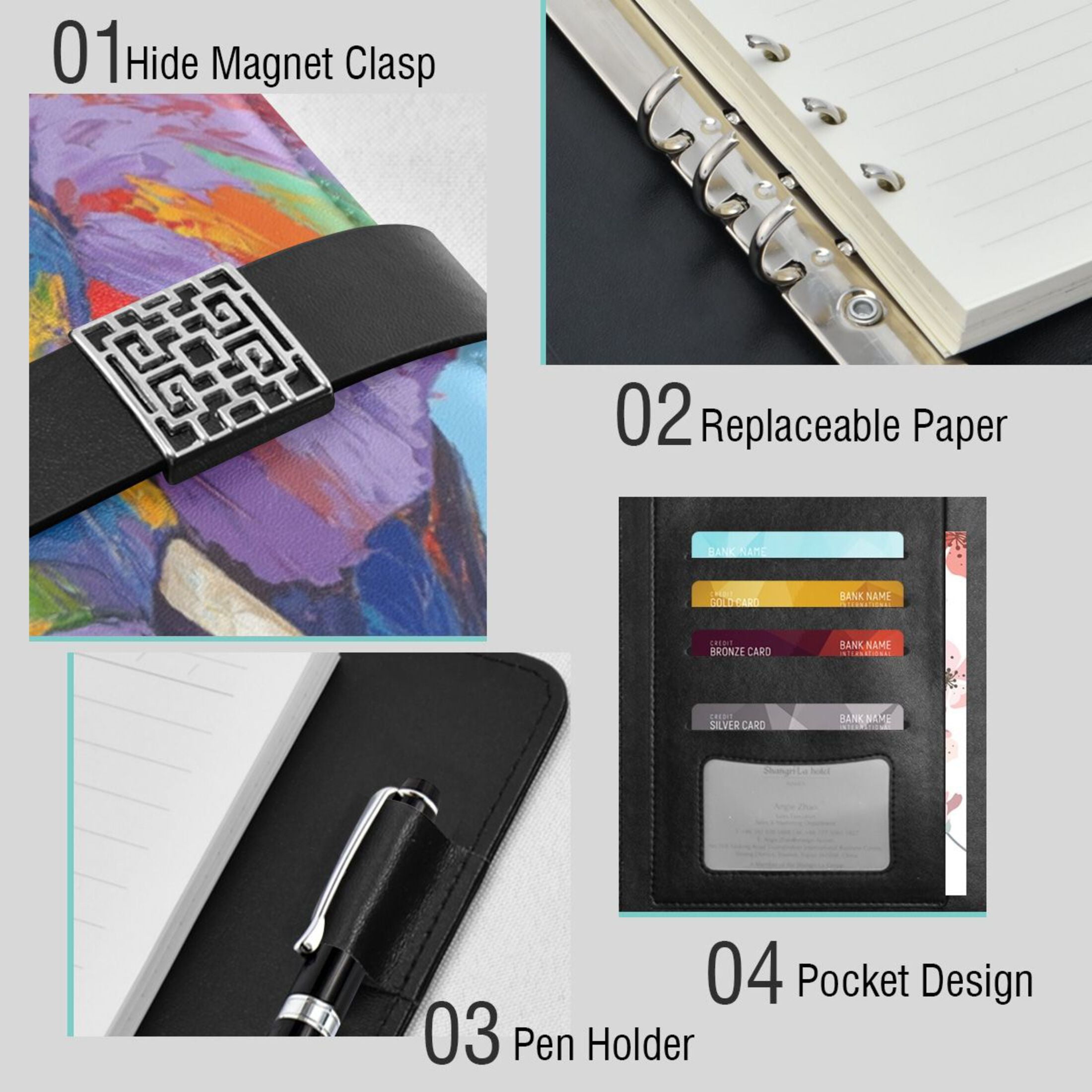 Leather Planner Leather Notebook Notebook Journal Binder Design Pen Pocket Design Convenient for Storage Rainbow Elephant Pattern
