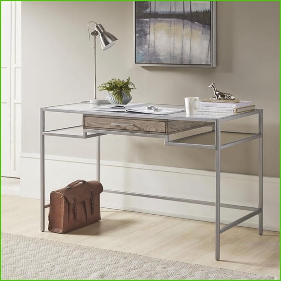 Desks,  Adela Contemporary Metal Writing Desk with Tempered Glass Top & Drawer, 48"W x 24"D x 30"H | Antique Silver | Wood