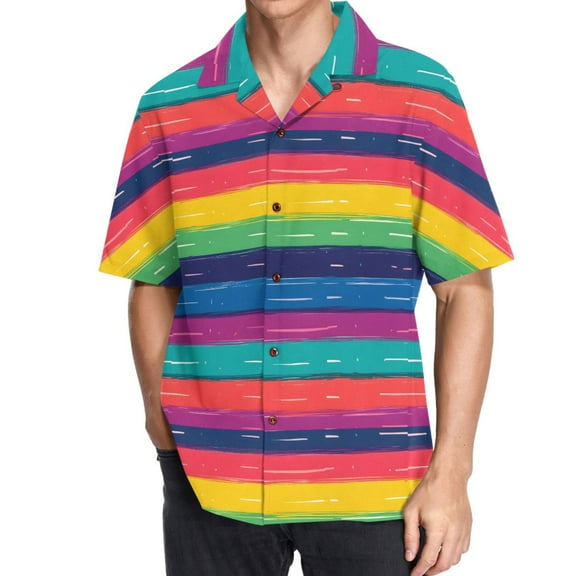 joogoo Men's Hawaiian Shirt Rainbow Stripes Pattern Short Sleeve Casual Button Down Shirts M