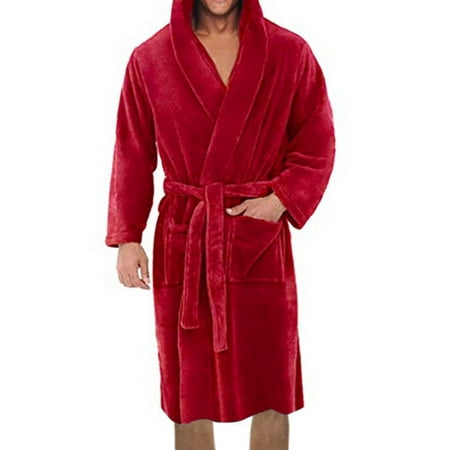 

Kmxyo Solid Color Belt Flannel Bath Robe Hooded Pockets Warm Men Nightgown Home Clothes