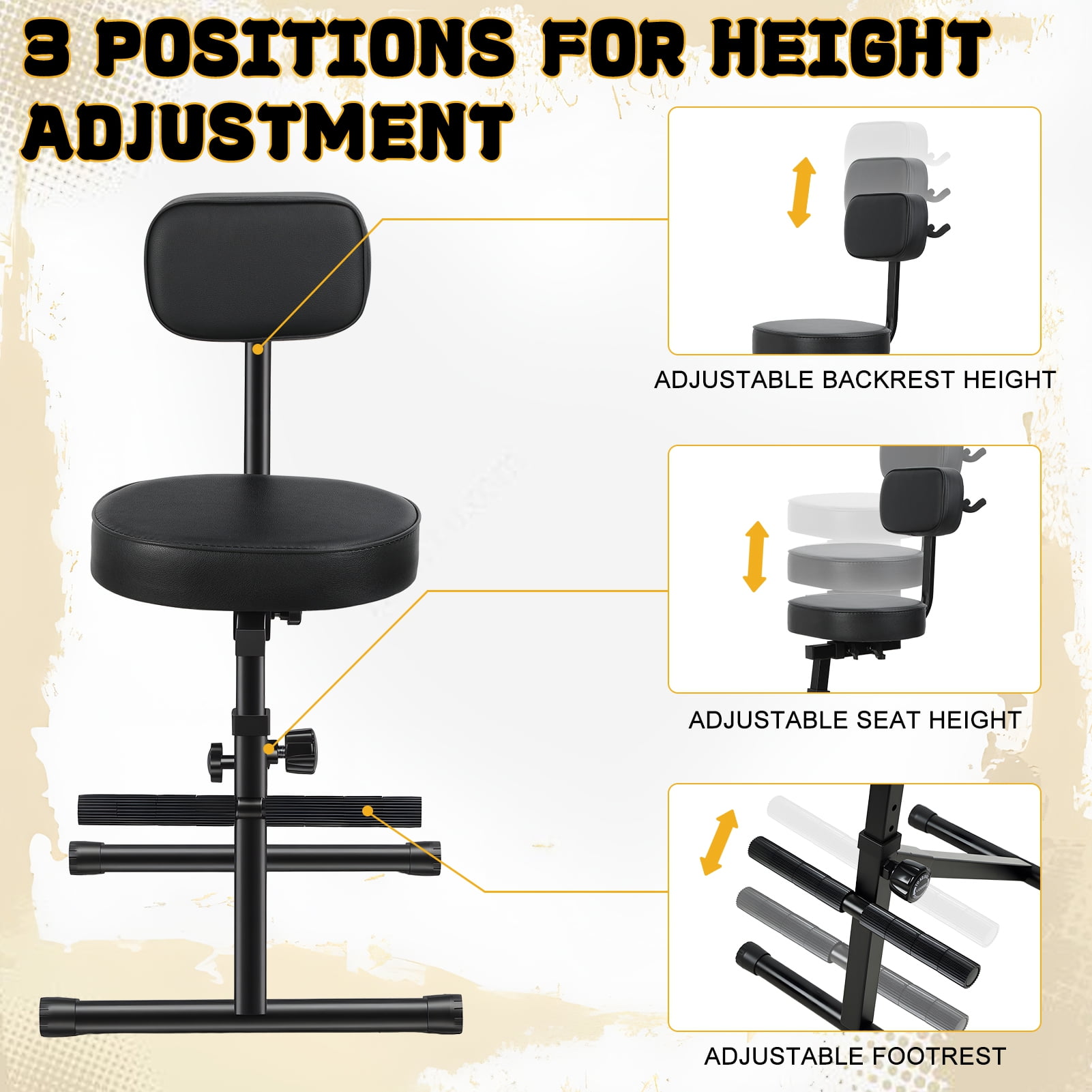 Adjustable Guitar Stool with Built-in Guitar Hook, Folding Chair with Backrest & Footrest, for Acoustic/Electric Guitar, Bass, Home Studio, Gig