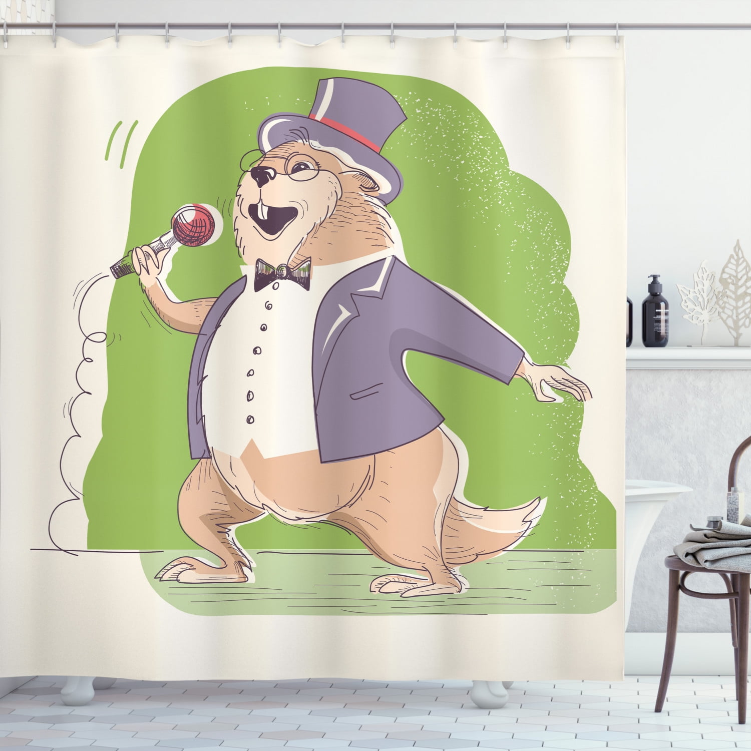 Groundhog Day Collection Shower Curtain, Marmot Singer and Microphone Funny Design Cartoon, Fabric Bathroom Set with Hooks, 69W X 84L Inches Extra Long, Lime Green Mauve and Ecru, by Ambesonne Groundhog Day Collection Shower Curtain, Marmot Singer and Microphone Funny Design Cartoon, Fabric Bathroom Set with Hooks, 69W X 84L Inches Extra Long, Lime Green Mauve and Ecru, by Ambesonne