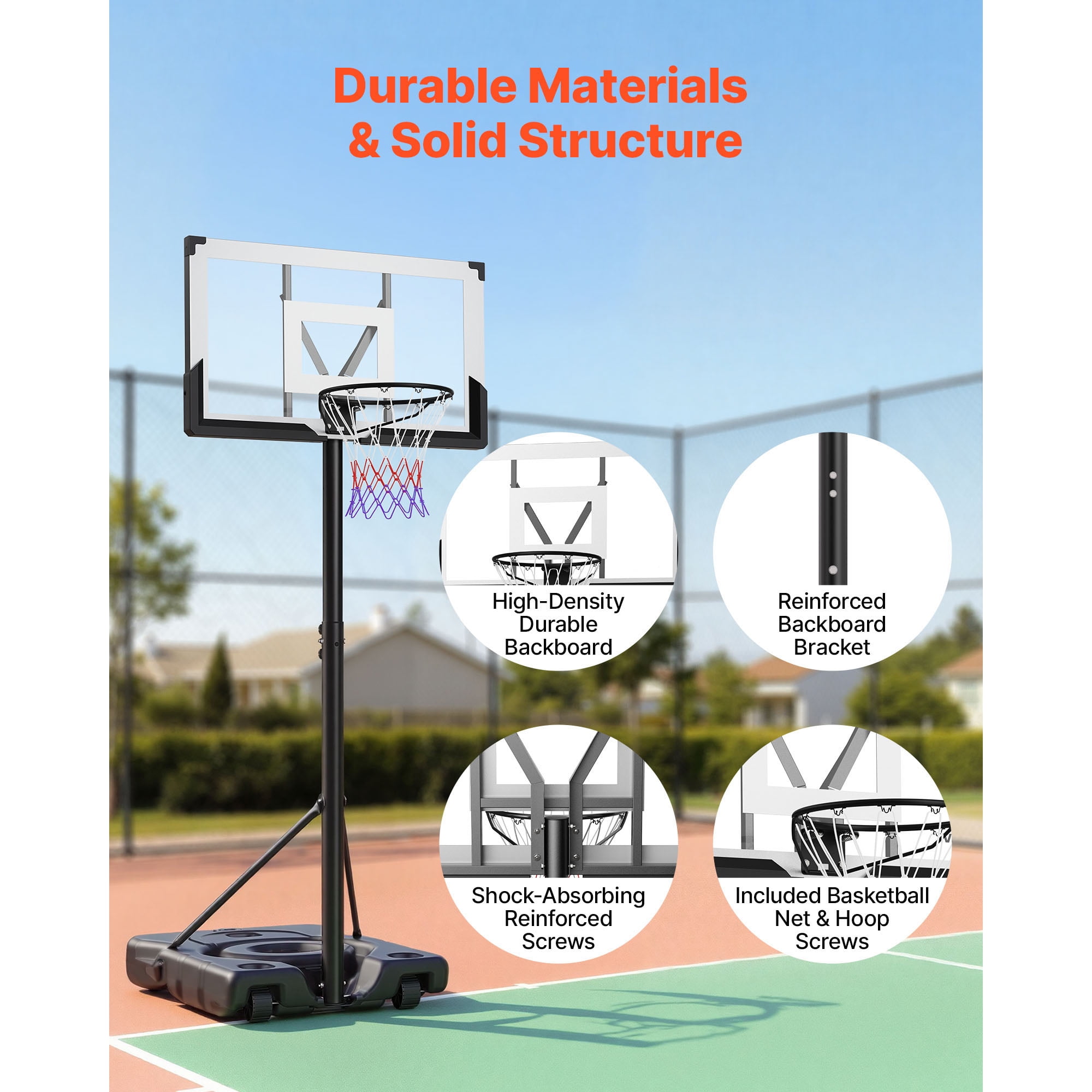 KFFKFF Adjustable Portable Basketball Hoop, 10 ft Height with 48-inch Backboard & Wheels, Suitable for Kids, Teens, and Adults for Driveways, Pools, and Schools