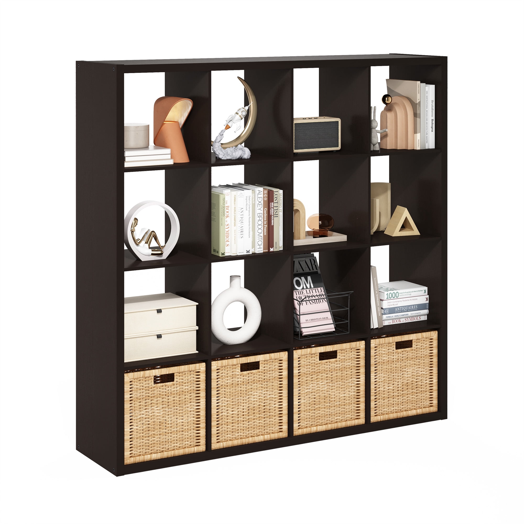 Furinno CUBICLE Book Shelf, 16-Cube Thick Frame Bookshelf, Reversible Bookcase with Open Back, 14.6 x 57.8 x 58, for Living Room, Bedroom, Home Office, Black Dark Oak