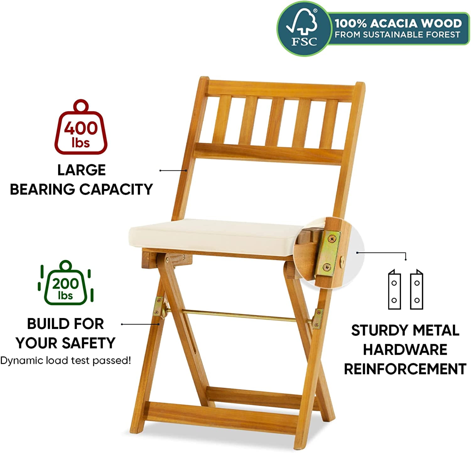Patio Bistro Folding Sets, 1 Square Table with 2 Cushion Chairs, FSC Acacia Wood, Morning Sand