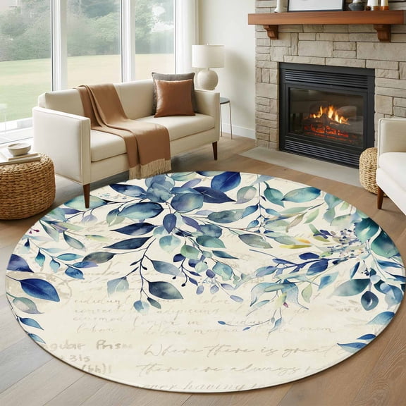 8ft Round Rug, Blue Teal Eucalyptus Leaves Non-Skid Rubber Backing Large Area Rugs - Living Room Bedroom Home Office, Watercolor Vintage Botanical Indoor Floor Mat Carpets Washable Rug