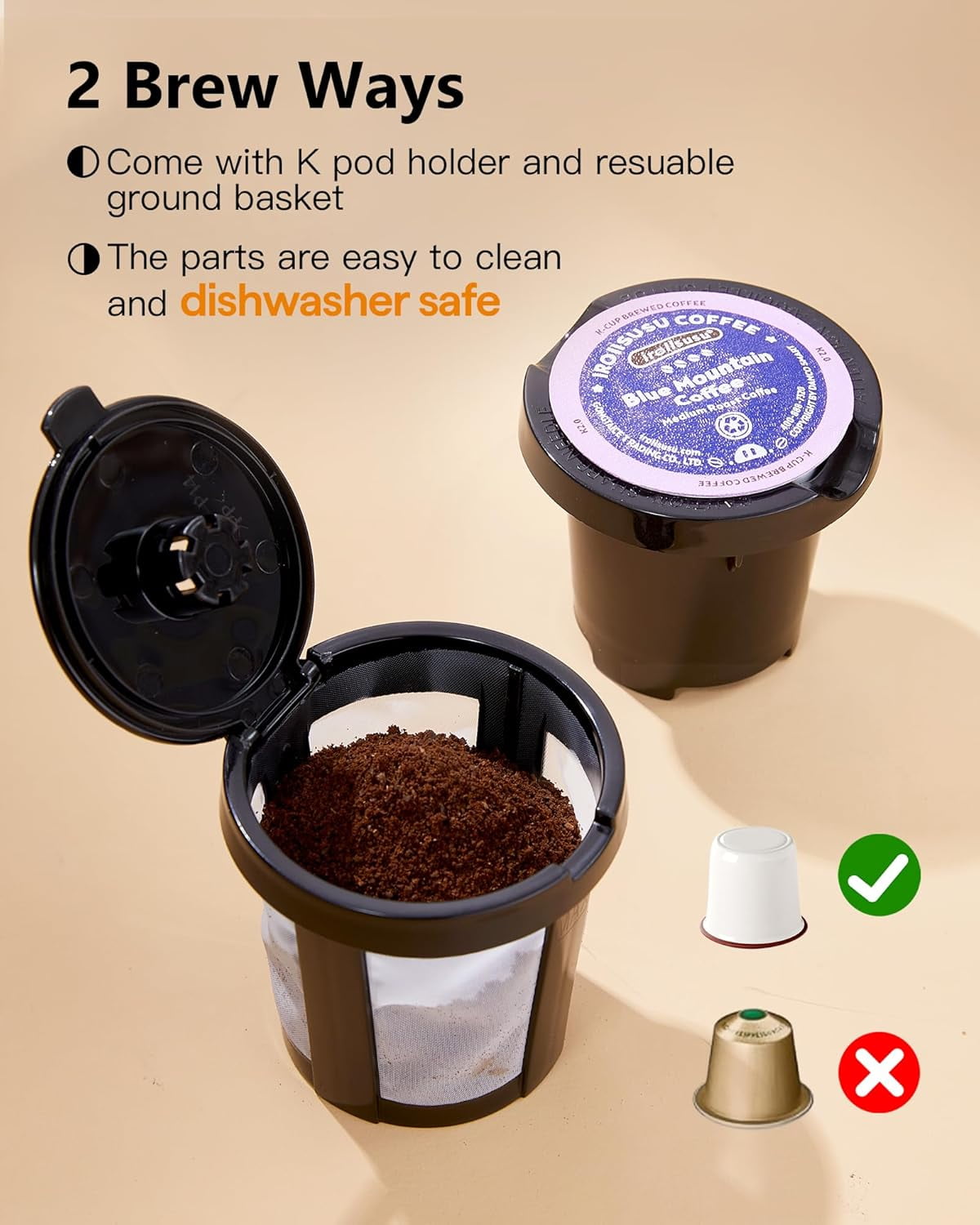 Single Serve Coffee Maker - 1 Cup, Fits K Cups & Grounds, 6-12 Oz Brew Size, Mini with Portable Handle, 120V - For Travel, Camping, Office, RV & Dorm