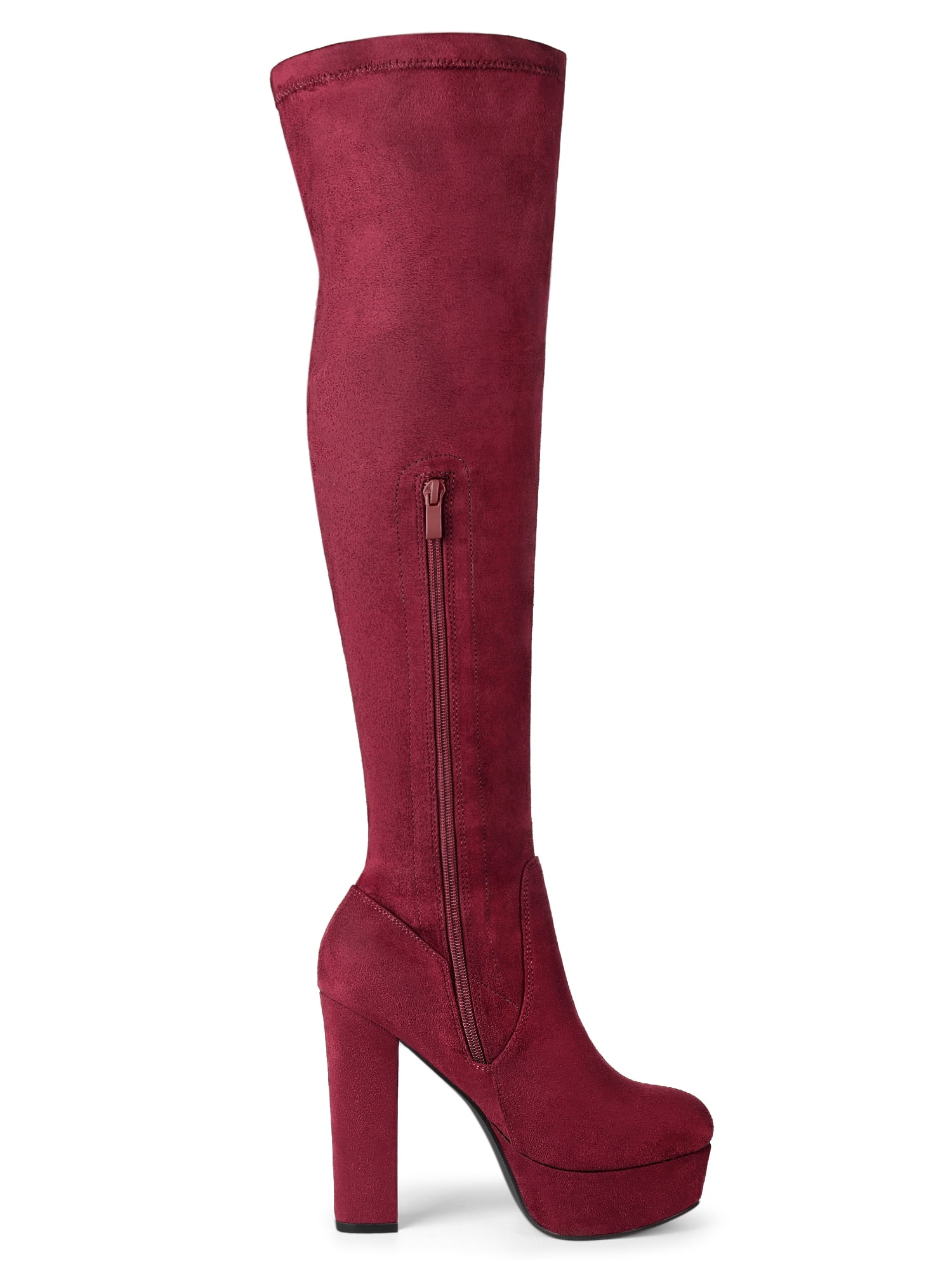 DARING DIVA Women's Platform Block Heel Over Knee High Boots Burgundy 6.5