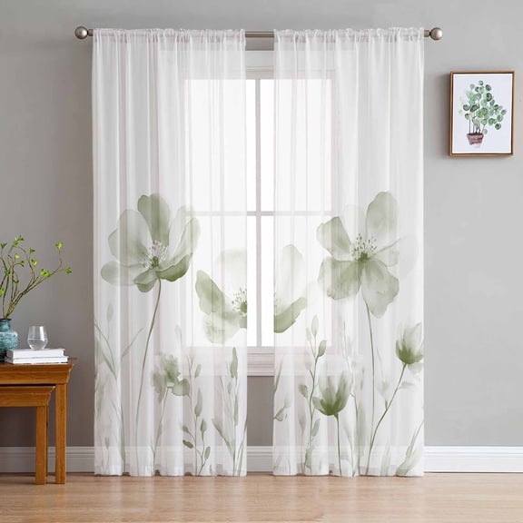 Sage Green Flowers Sheer Curtains 84 Inch Length 2 Panels Set for Living Room/Bedroom, Watercolor Retro White Floral Leaves Semi Curtain Sheers Drapes Rod Pocket Curtains Window Treatment 52''x84''x2