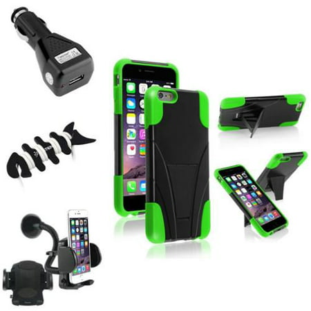 Insten Green Hybrid Stand Hard Case+Car Mount+Black Car Charger+Handsfree Wrap For iPhone 6S Plus / 6 Plus 5.5"