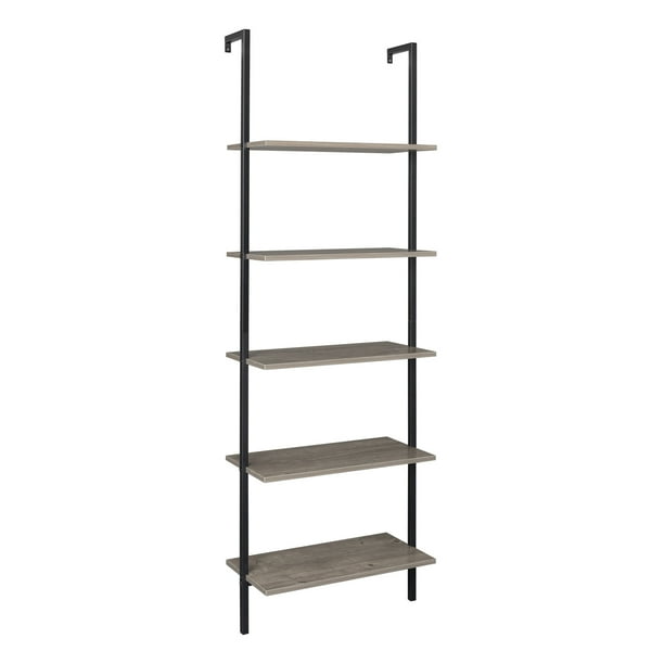5Shelf Wood Ladder Bookcase with Metal Frame, Industrial 5Tier Modern Ladder Shelf Wood