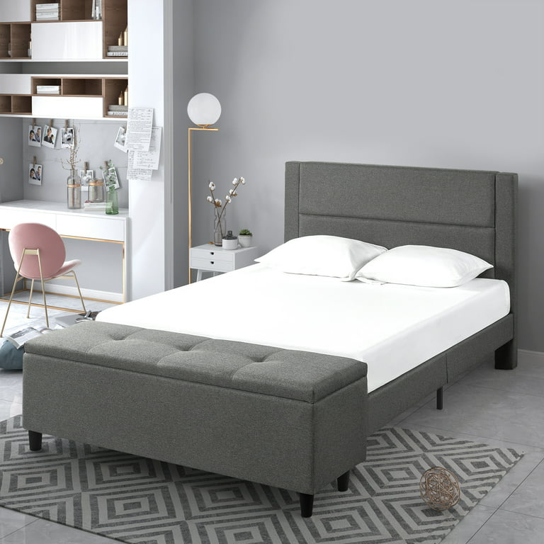 Upholstered Platform Bed With Storage, King Size Bed Bench Grey