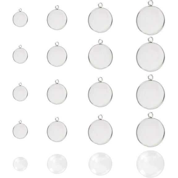 80 Sets 4 Sizes 8/10/12/16mm Flat Round Pendant Cabochon Settings Stainless Steel Pendants with Transparent Glass Cabochons DIY Pendant Making Kits for Jewelry Making
