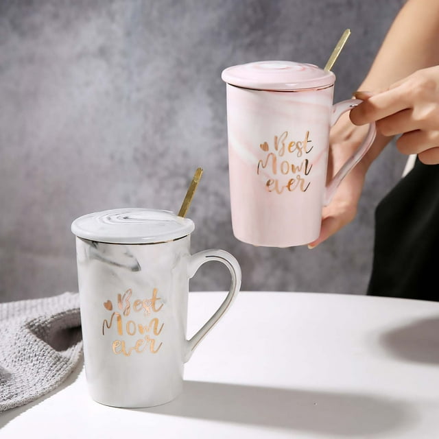 Taza de Regalo para El Día de La Madre con Tapa y Cuchara | Taza de Cerámica para Café y Té para Mamá | Diseño Floral Rosa o Gris | Incluye Tapa y Cuchara | 12,5 Cm de Alto