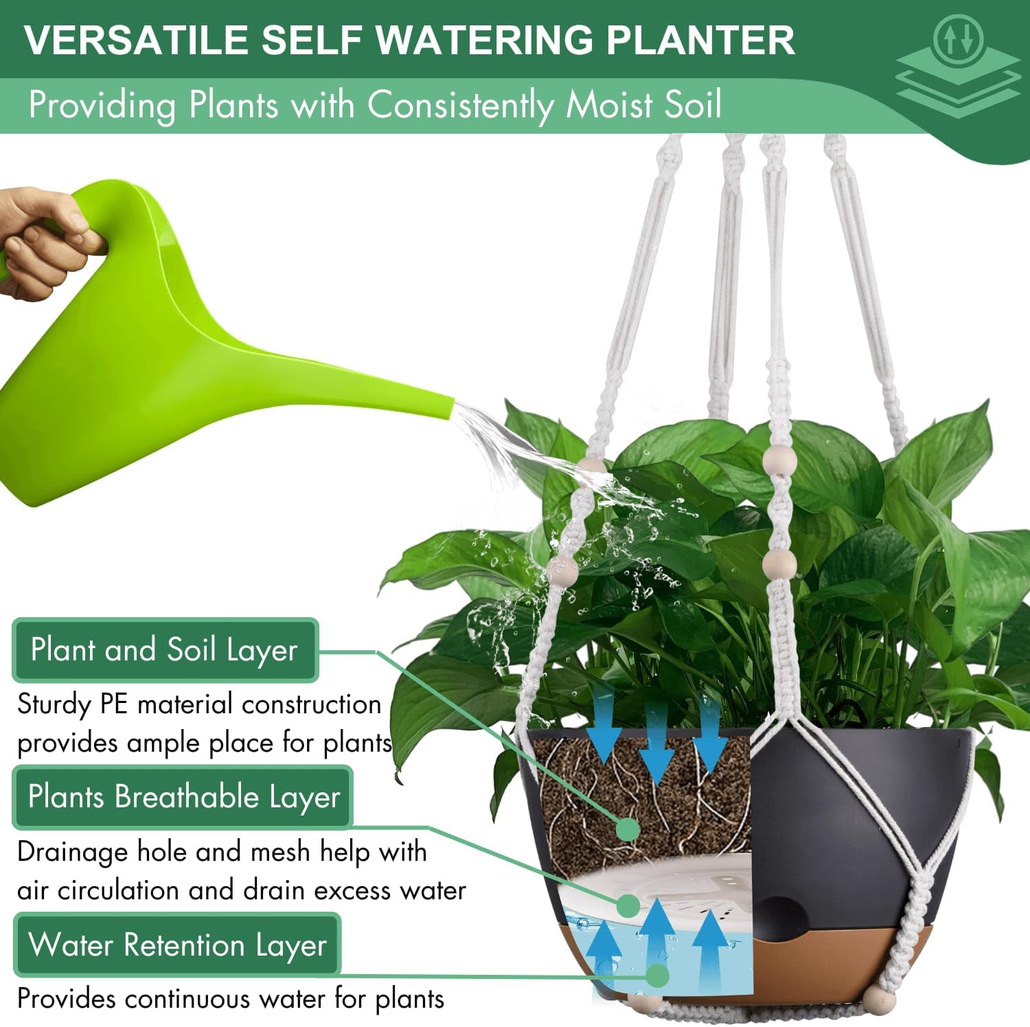 Diigabo 2-Pack 10-inch Self-Watering Hanging Planters with Macrame Hanger Indoor Plastic Plant Pots with Drainage Hole&Saucers Flower Baskets for Outdoor Garden Home Ceiling Decor(Black)