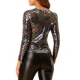 thumbnail image 3 of Unique Bargains Women's Party Club Glitter Long Sleeve Metallic Shiny Tops L Colorful, 3 of 7