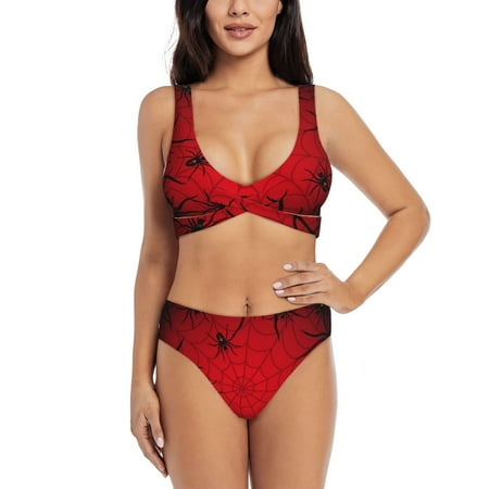 Zeuib Spiders On The Web And Space High Waisted Tummy Control Bikini Set - Knot Front Push Up Top & Cheeky Thong Bottom  Two-Piece Swimsuit for Women-X-Large