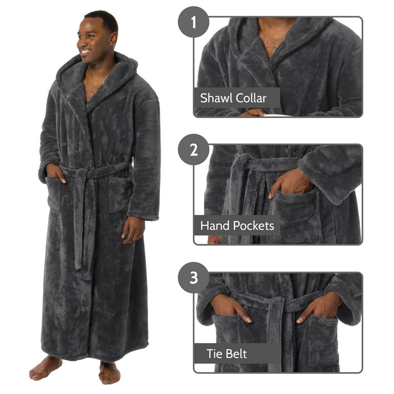 Ross Michaels Mens Robe Big & Tall with Hood - Long Plush 400GSM Luxury Fleece  Bathrobe with Shawl Collar (Grey, Large-X-Large) 