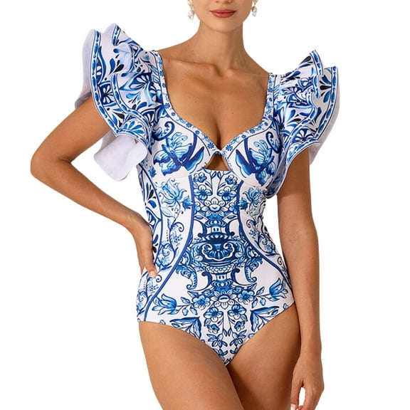 Flaxmaker Women One Piece  Ruffle Blue White Porcelain Pattern Majolica Print Swimsuit and Skirt Two Piece Bathing Suit Swimwear