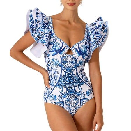 Flaxmaker Women One Piece Swimsuit Set Ruffle Blue and White Porcelain Pattern Majolica Print Swimsuit and Skirt Two Piece Bathing Suit Swimwear