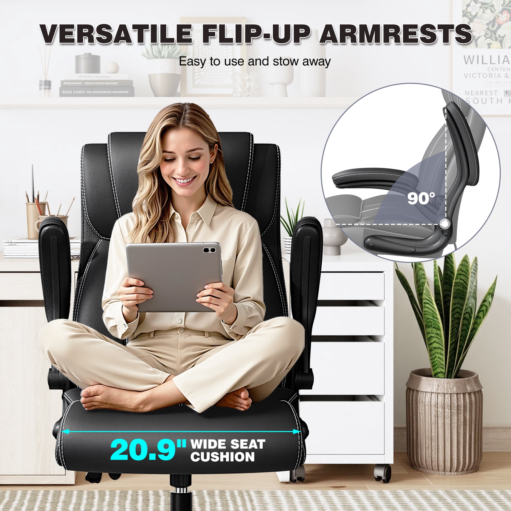Primy Ergonomic Office Chair with Adjustable Air Lumbar, Home Desk Computer Chair, Leather High-Back Executive Chairs with Flip-Up Arms, Rocking Swivel Comfort