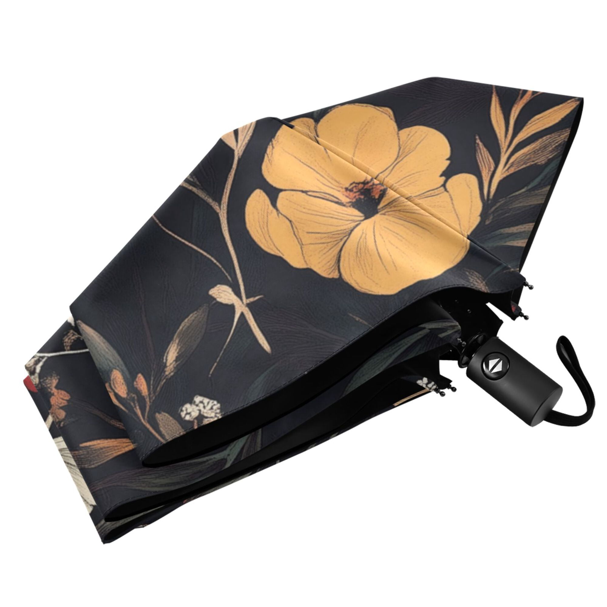 FORMRS Travel Umbrella Folding Auto Open Close Windproof Rain UV Protection, Black Floral Pattern