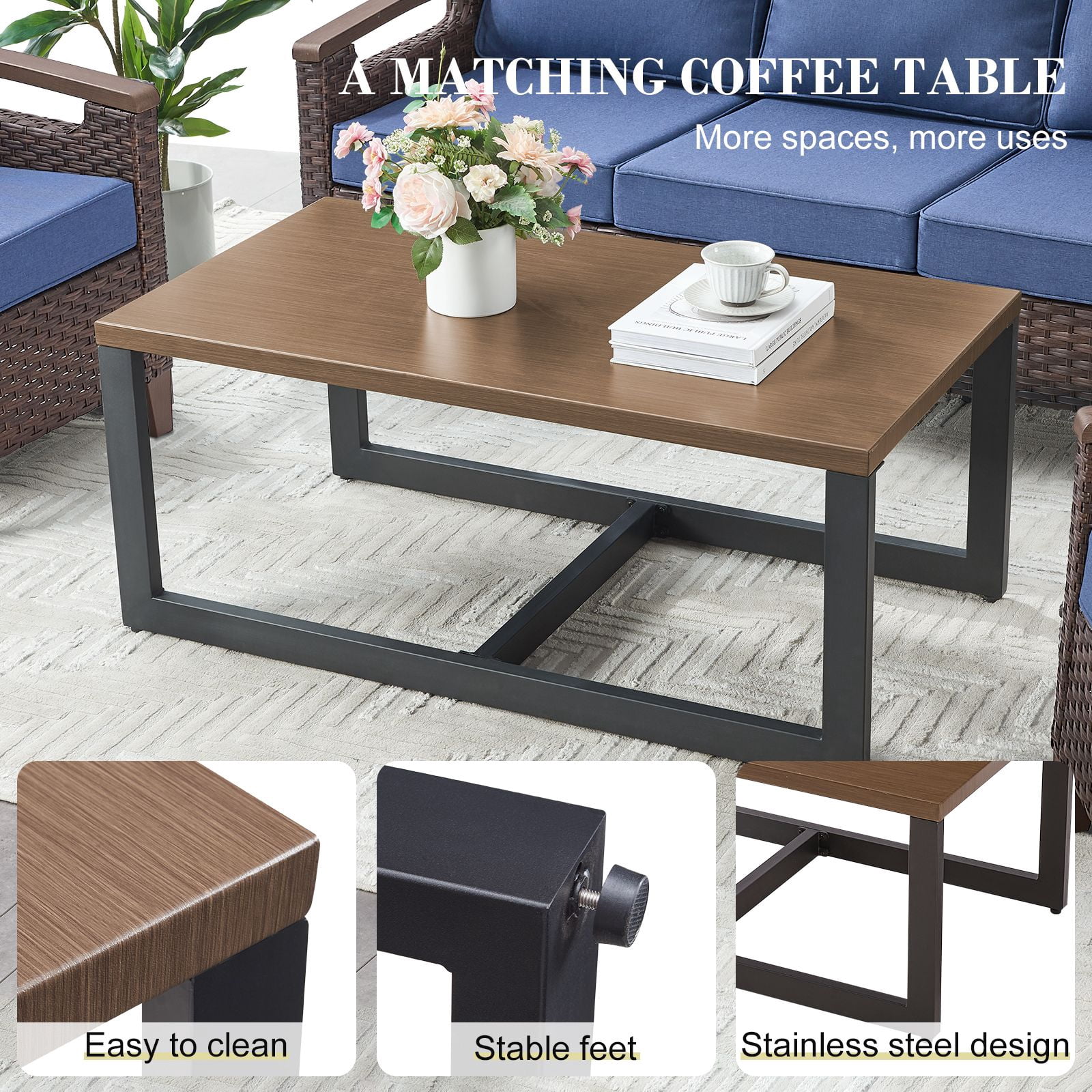 OPOHORO 4-Piece Outdoor Patio Conversation Set, 75-Inch Wicker Sofa with 2 Swivel Rocker Chairs and Coffee Table, Brown Rattan Furniture with Blue Cushions for Deck or Porch