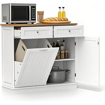 POWERSTONE Hidden Tilt Out Trash Cabinet Kitchen Island with 2 Drawers & Adjustable Shelf, Rubber Wood Countertop, Freestanding Laundry Hamper Recycle Bins, Pet Proof Garbage Can Holder White