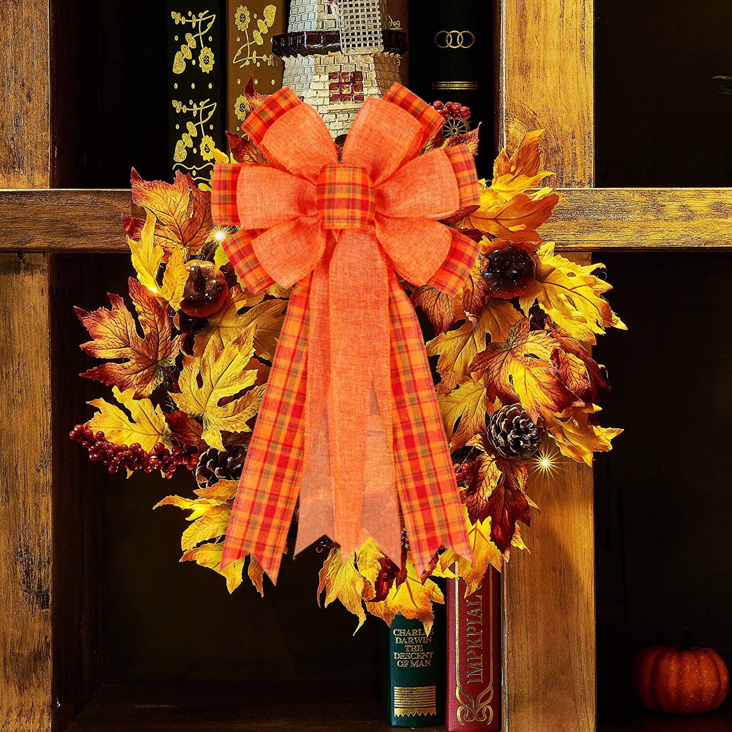 Orange Plaid Burlap Polyester Fall Bows 2 Pack Wreath Tree Topper Home Decor
