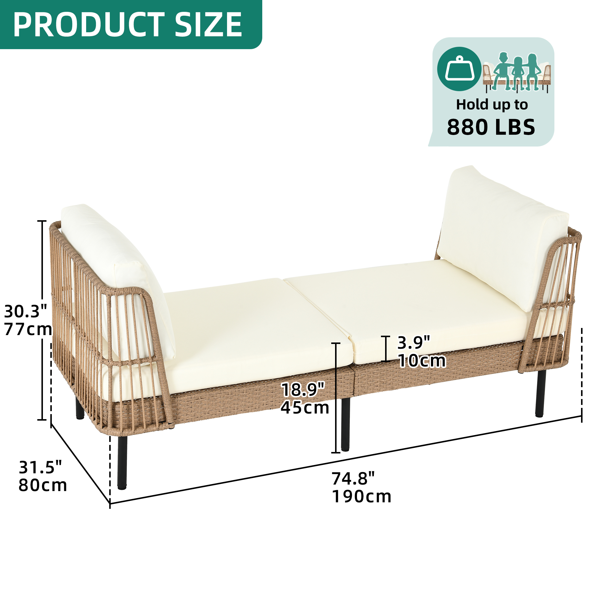 Dextrus Outdoor Daybed 74in Wicker Patio Sofa Bed With Thickness Cushion Indoor Bed Lounger for Balcony Garden Deck Lawn - Beige