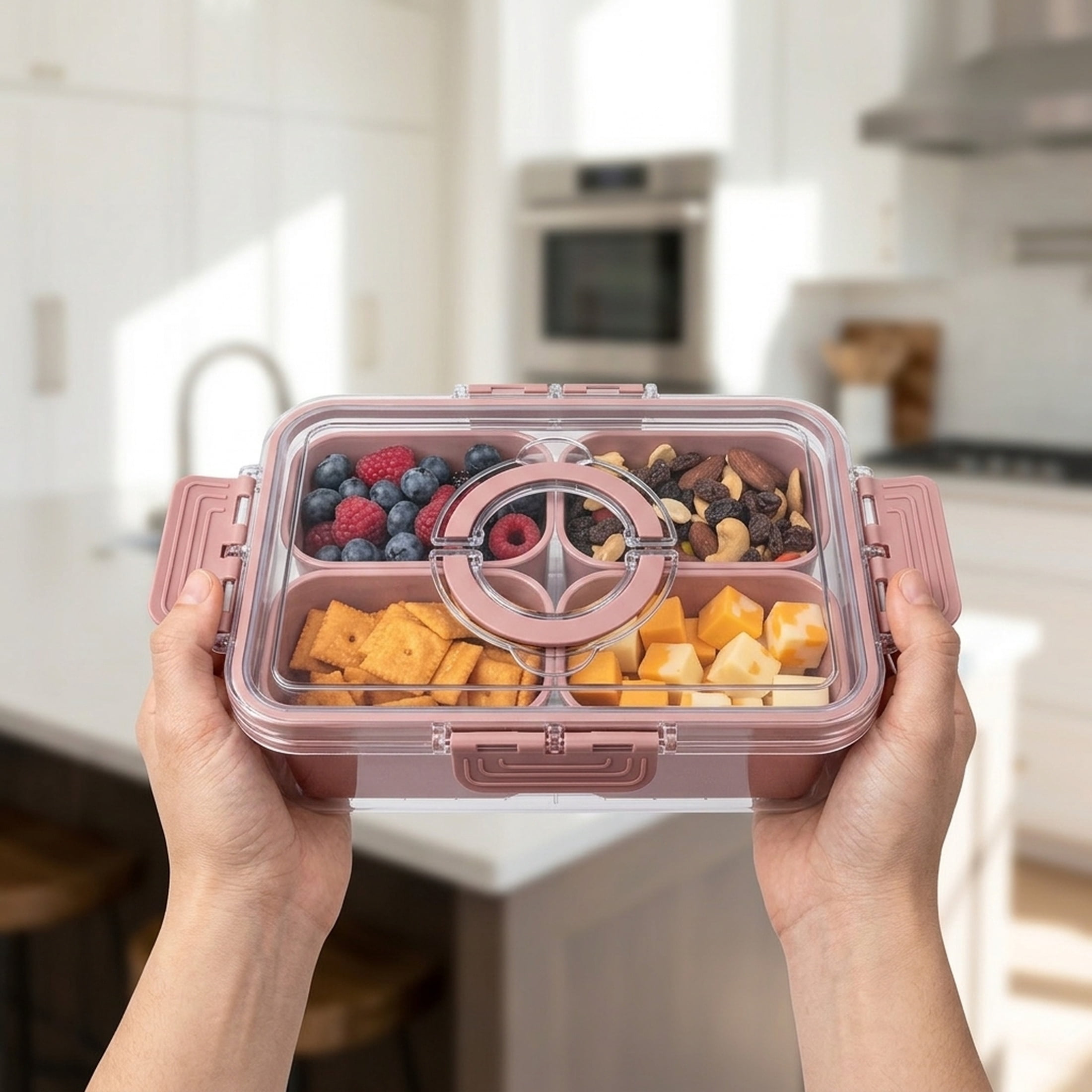 Cook with Color Pink Portable 4-Compartment Snack Food Storage Container, Portable and Dishwasher Safe with Ice Packs