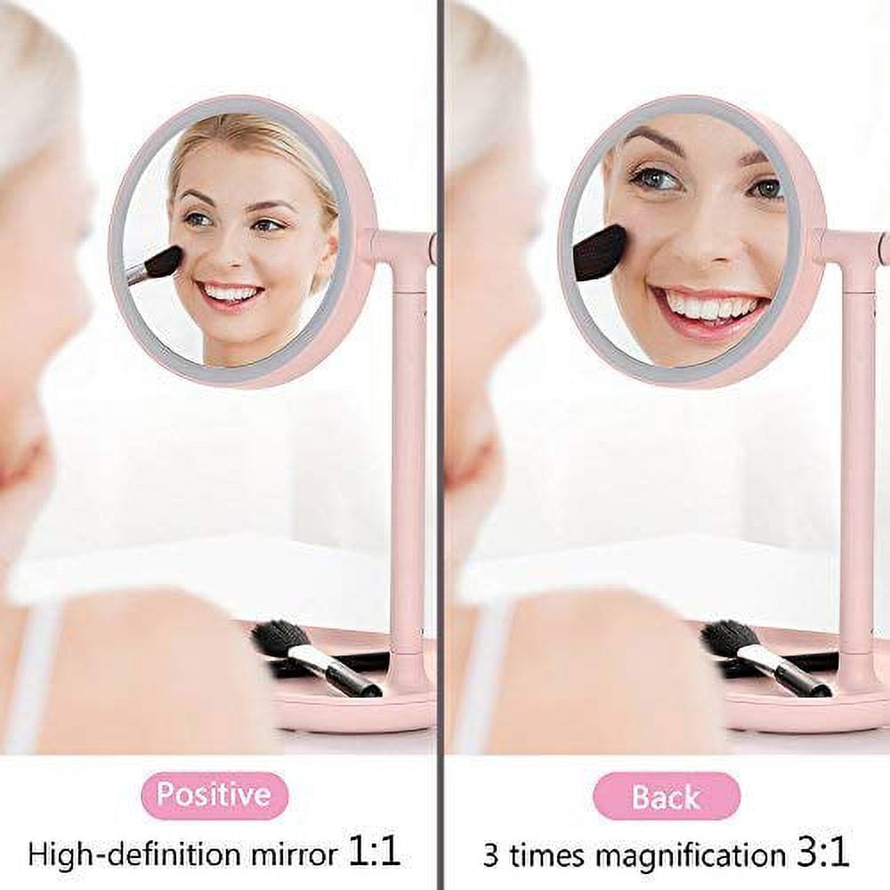 ABQ Lighted Makeup Mirror with Cosmetic Organizer Tray, LED Light Makeup Vanity for Desk or Tabletop – Pink