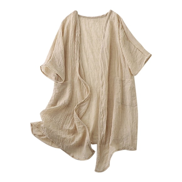 yoeyez Women Lightweight Cotton Cardigan,Ladies Solid Color Kimono Pareo Sarong Half Sleeve Cover Up Beach Wear Dress for Summer Beige,2XL