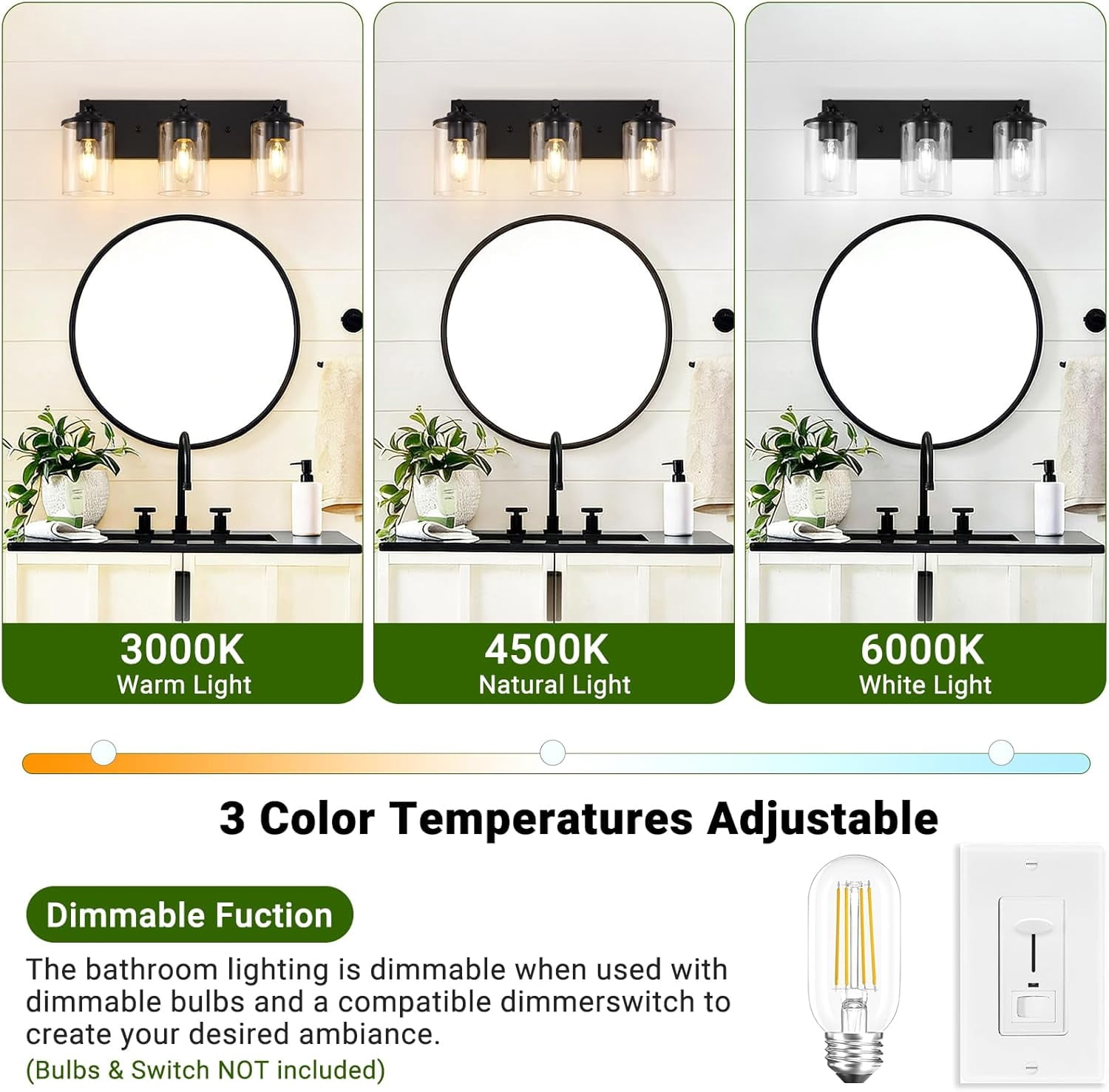 3-Lights Bathroom Vanity Light Fixtures, Modern Black Vanity Lights Over Mirror with Clear Glass Shade for Bathroom, Wall Mounted Lamp for Bedroom Hallway Living Room