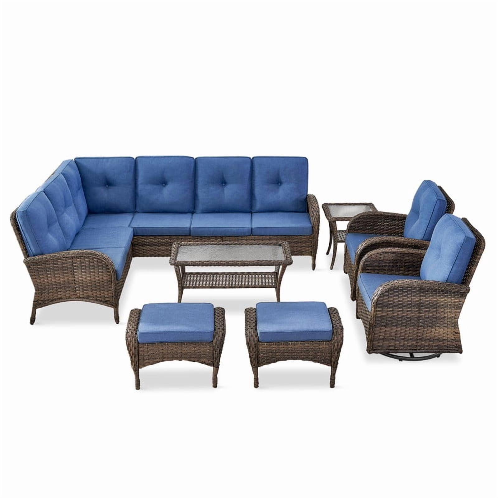 PARKWELL 8-Piece Outdoor Sectional Furniture Set,Patio Wicker L Shaped Couch High Back Conversation Set with Coffee Table Swivel Glider for Garden Yard,Brown Wicker Navy Cushion