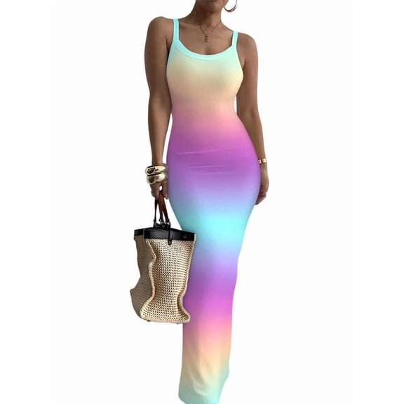 Women'S Summer Long Dress Casual Slip Slim Sleeveless Bodycon Maxi Dresses Blue Rainbow M