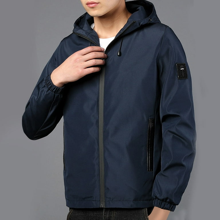 Busydd Mens Windbreaker Jacket Solid Color Zipper Hooded Jackets